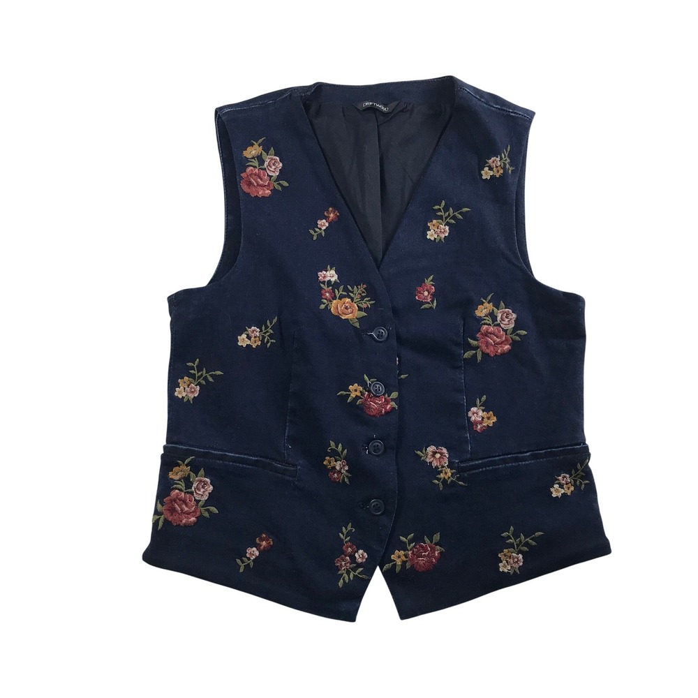Driftwood Floral Embroidered Denim Vest Dark Wash Blue V-Neck Size S Boho Rose
